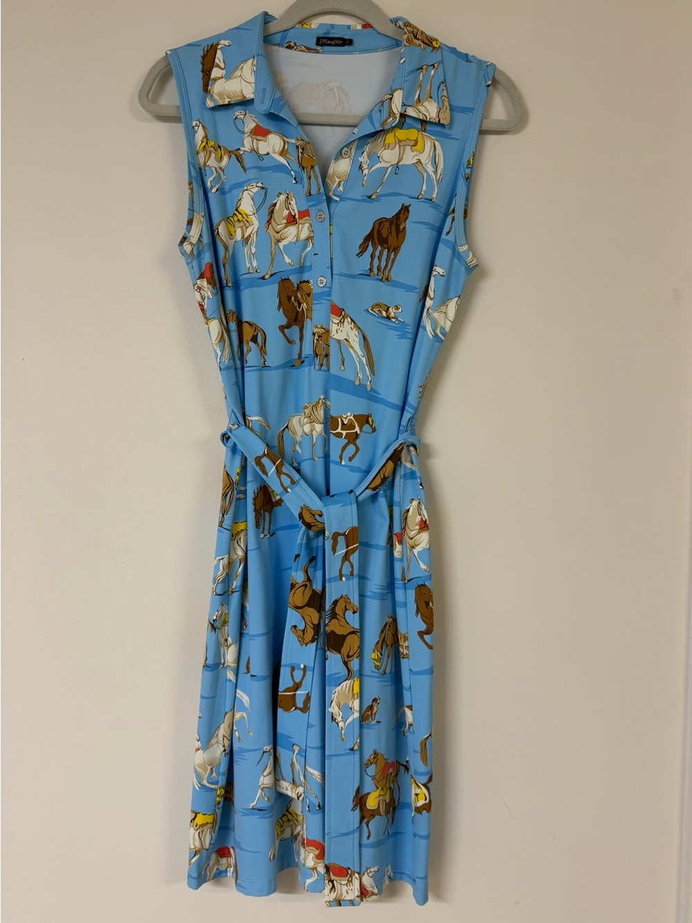J McLaughlin Sleeveless Blue Horse-Print Dress with Tie Belt